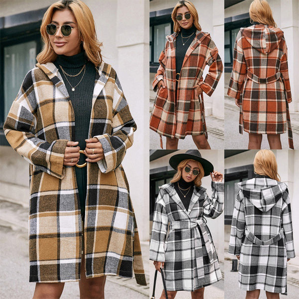 Loose Casual Checked Midi Belted Hooded Trench Coat