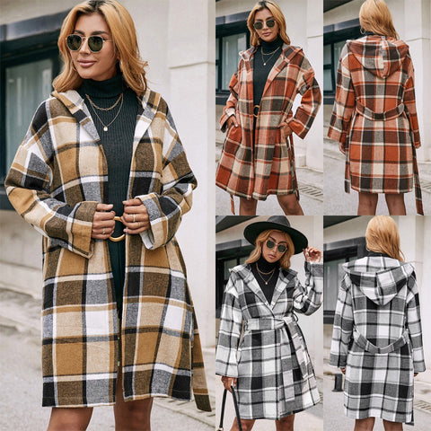 Loose Casual Checked Midi Belted Hooded Trench Coat