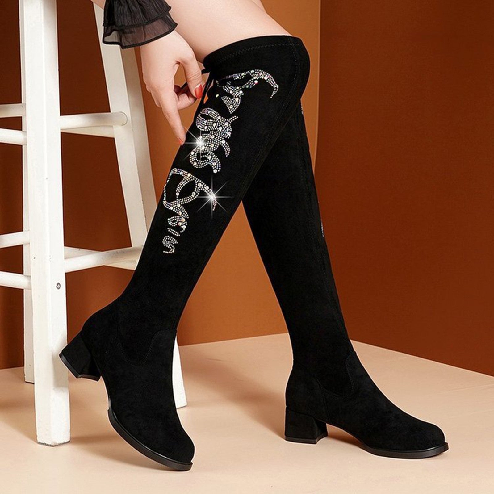 Autumn And Winter Round Toe Rhinestone High Heel Boots